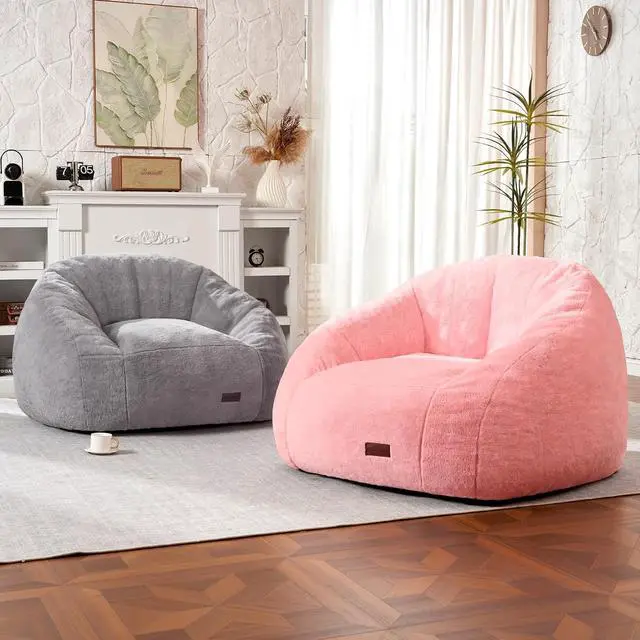Alt view image 6 of 7 - Bean Bag Chair, Giant Bean Bag Chairs for Adults with Ottoman, Comfy Faux Fur Shell-Shaped Bean Bag Couch, Sofa Chair for Living Room, Bedroom, Pink