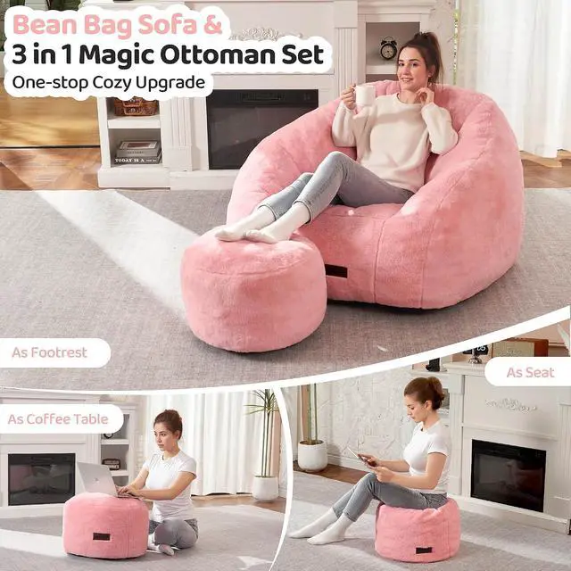 Alt view image 4 of 7 - Bean Bag Chair, Giant Bean Bag Chairs for Adults with Ottoman, Comfy Faux Fur Shell-Shaped Bean Bag Couch, Sofa Chair for Living Room, Bedroom, Pink