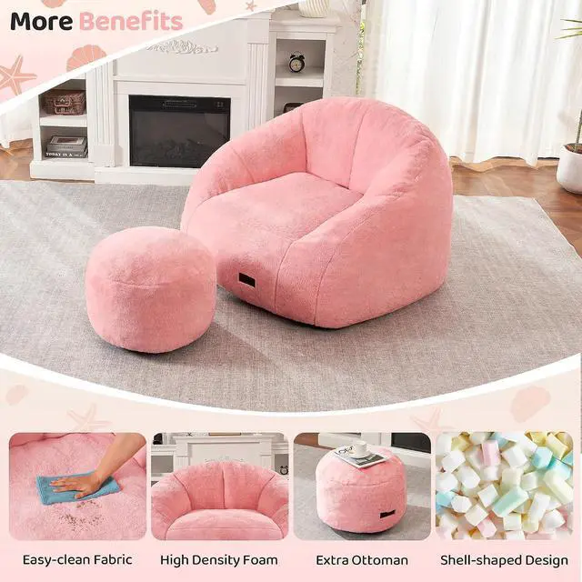 Alt view image 5 of 7 - Bean Bag Chair, Giant Bean Bag Chairs for Adults with Ottoman, Comfy Faux Fur Shell-Shaped Bean Bag Couch, Sofa Chair for Living Room, Bedroom, Pink