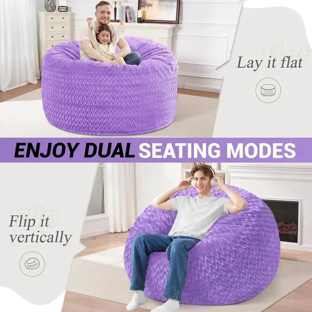 Alt view image 2 of 7 - 4FT Bean Bag Chair,Giant Bean Bag Chairs for Adults,Big Bean Bags with Memory Foam Filled, Large Beanbag Chairs with Chevron Plush Cover-Purple