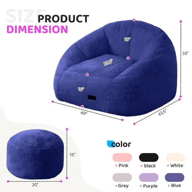 Alt view image 2 of 7 - Bean Bag Chair, Giant Bean Bag Chairs for Adults with Ottoman, Comfy Faux Fur Shell-Shaped Bean Bag Couch, Sofa Chair for Living Room, Bedroom, Navy Blue