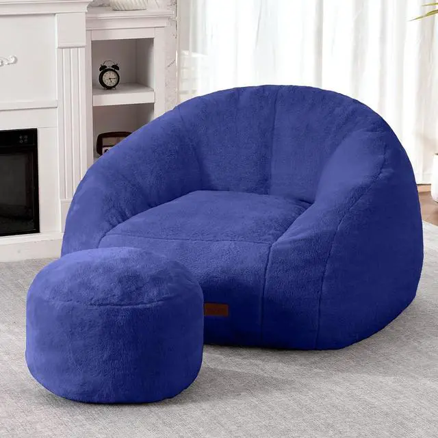 Main image of Bean Bag Chair, Giant Bean Bag Chairs for Adults with Ottoman, Comfy Faux Fur Shell-Shaped Bean Bag Couch, Sofa Chair for Living Room, Bedroom, Navy Blue