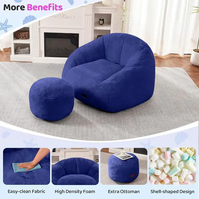 Alt view image 5 of 7 - Bean Bag Chair, Giant Bean Bag Chairs for Adults with Ottoman, Comfy Faux Fur Shell-Shaped Bean Bag Couch, Sofa Chair for Living Room, Bedroom, Navy Blue