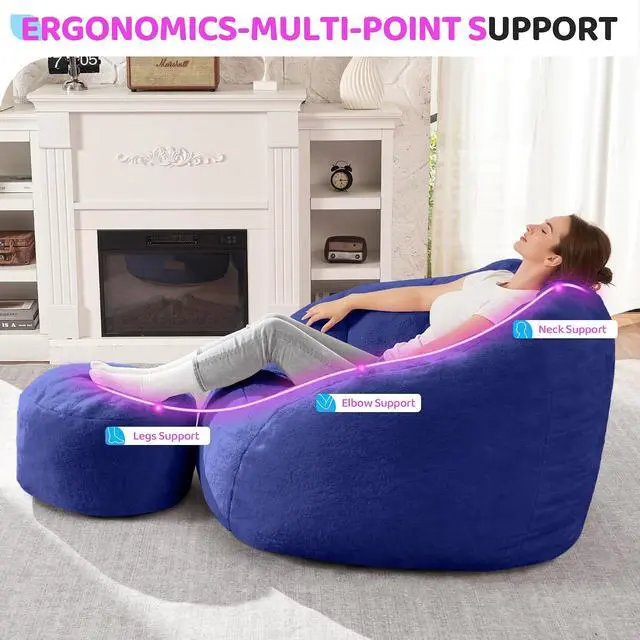 Alt view image 3 of 7 - Bean Bag Chair, Giant Bean Bag Chairs for Adults with Ottoman, Comfy Faux Fur Shell-Shaped Bean Bag Couch, Sofa Chair for Living Room, Bedroom, Navy Blue