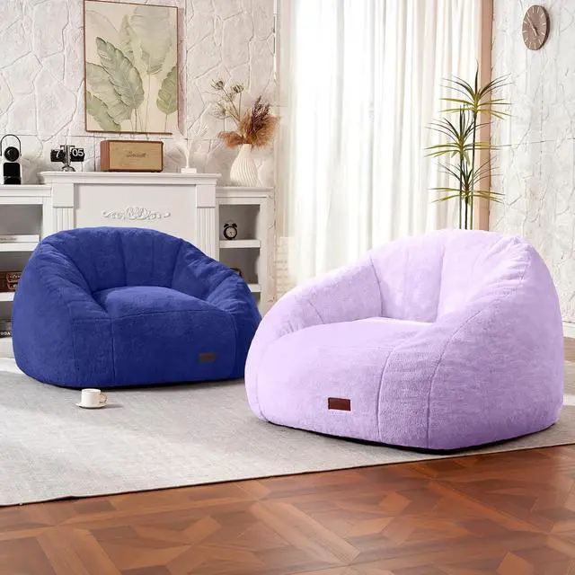 Alt view image 6 of 7 - Bean Bag Chair, Giant Bean Bag Chairs for Adults with Ottoman, Comfy Faux Fur Shell-Shaped Bean Bag Couch, Sofa Chair for Living Room, Bedroom, Navy Blue