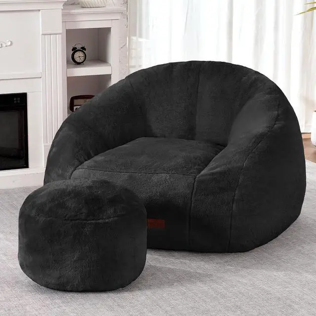 Main image of Bean Bag Chair, Giant Bean Bag Chairs for Adults with Ottoman, Comfy Faux Fur Shell-Shaped Bean Bag Couch, Sofa Chair for Living Room, Bedroom, Black
