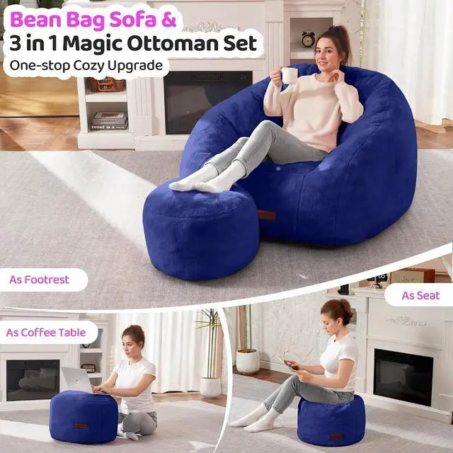 Alt view image 4 of 7 - Bean Bag Chair, Giant Bean Bag Chairs for Adults with Ottoman, Comfy Faux Fur Shell-Shaped Bean Bag Couch, Sofa Chair for Living Room, Bedroom, Navy Blue