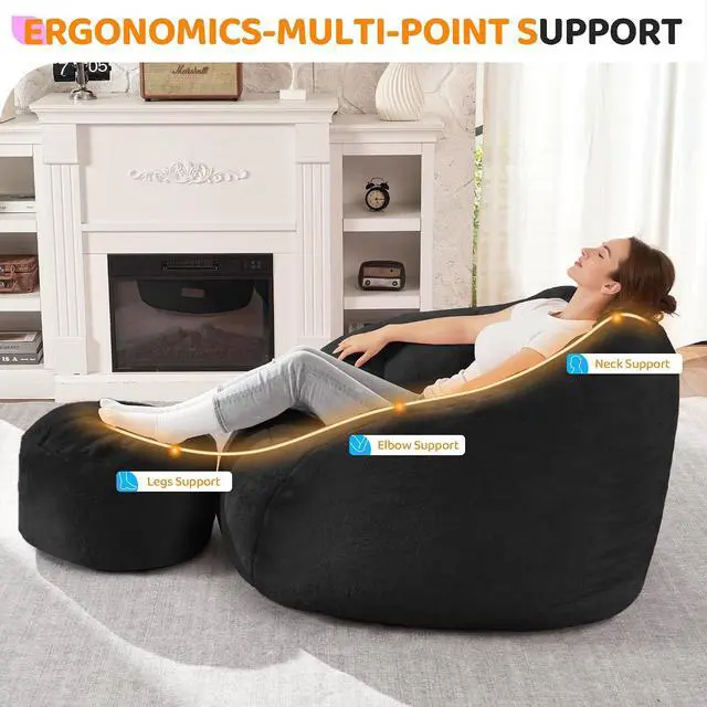 Alt view image 3 of 7 - Bean Bag Chair, Giant Bean Bag Chairs for Adults with Ottoman, Comfy Faux Fur Shell-Shaped Bean Bag Couch, Sofa Chair for Living Room, Bedroom, Black