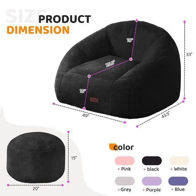 Alt view image 2 of 7 - Bean Bag Chair, Giant Bean Bag Chairs for Adults with Ottoman, Comfy Faux Fur Shell-Shaped Bean Bag Couch, Sofa Chair for Living Room, Bedroom, Black