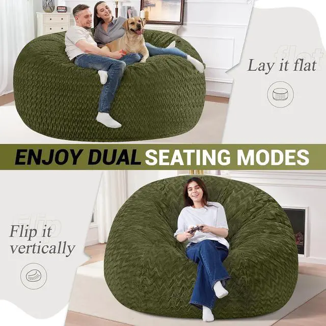 Alt view image 2 of 6 - 6FT Bean Bag Chair,Giant Bean Bag Chairs for Adults,Big Bean Bags with Memory Foam Filled, Large Beanbag Chairs with Chevron Plush Cover-Green