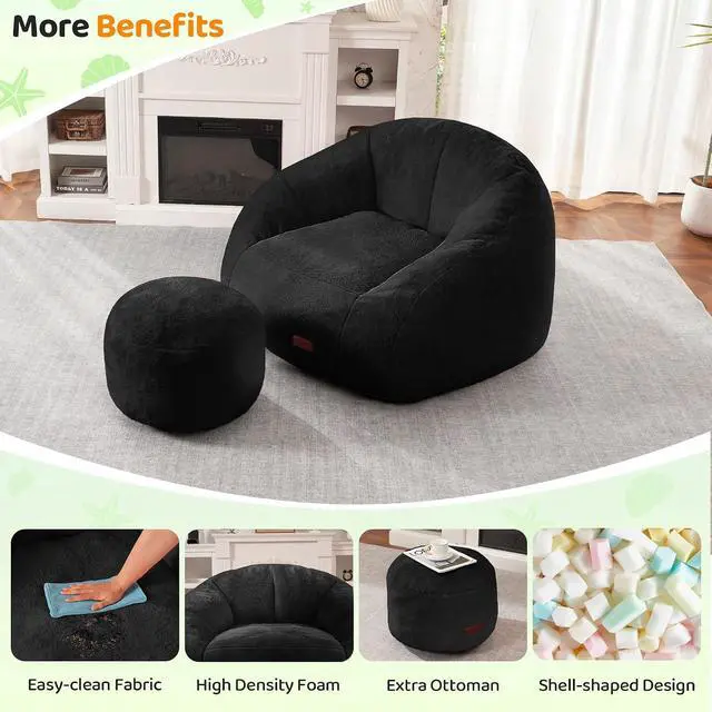 Alt view image 5 of 7 - Bean Bag Chair, Giant Bean Bag Chairs for Adults with Ottoman, Comfy Faux Fur Shell-Shaped Bean Bag Couch, Sofa Chair for Living Room, Bedroom, Black