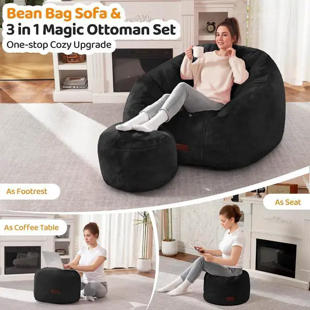 Alt view image 4 of 7 - Bean Bag Chair, Giant Bean Bag Chairs for Adults with Ottoman, Comfy Faux Fur Shell-Shaped Bean Bag Couch, Sofa Chair for Living Room, Bedroom, Black