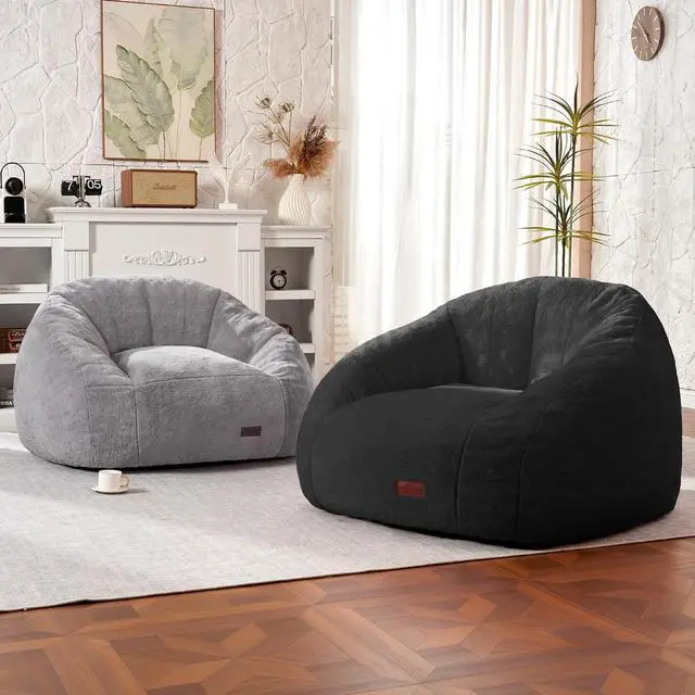 Alt view image 6 of 7 - Bean Bag Chair, Giant Bean Bag Chairs for Adults with Ottoman, Comfy Faux Fur Shell-Shaped Bean Bag Couch, Sofa Chair for Living Room, Bedroom, Black