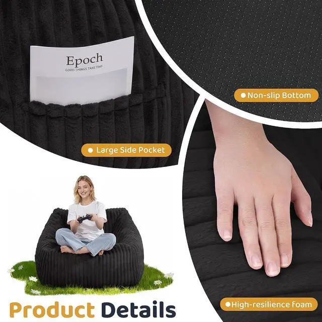 Alt view image 3 of 7 - Bean Bag Chair, Giant Bean Bag Chairs for Adults and Kids, Bean Bag Sofa, Lazy Floor Sofa, Faux Fur Beanbag Chair with Armrests for Living Room Bedroom (Black)