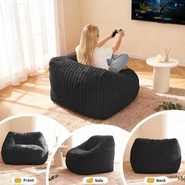Alt view image 5 of 7 - Bean Bag Chair, Giant Bean Bag Chairs for Adults and Kids, Bean Bag Sofa, Lazy Floor Sofa, Faux Fur Beanbag Chair with Armrests for Living Room Bedroom (Black)