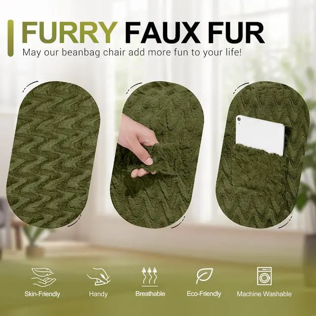 Alt view image 6 of 6 - 6FT Bean Bag Chair,Giant Bean Bag Chairs for Adults,Big Bean Bags with Memory Foam Filled, Large Beanbag Chairs with Chevron Plush Cover-Green