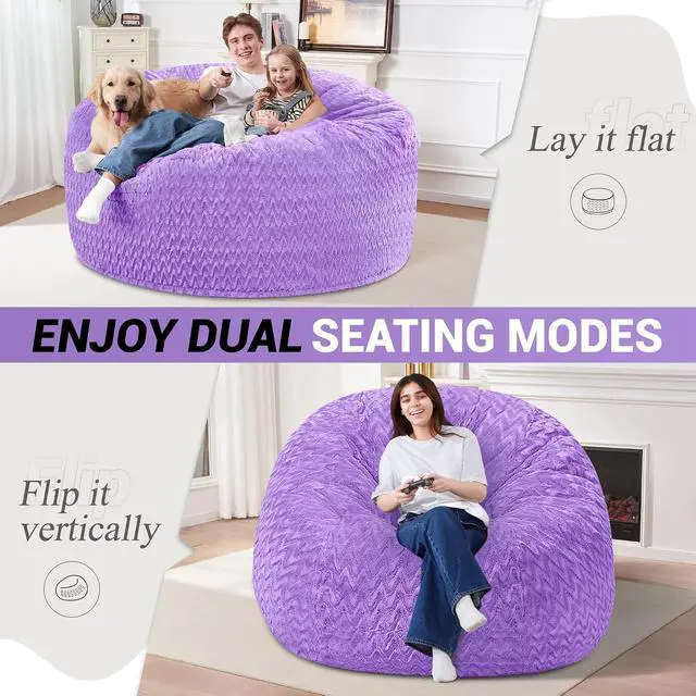 Alt view image 2 of 7 - 5FT Bean Bag Chair,Giant Bean Bag Chairs for Adults,Big Bean Bags with Memory Foam Filled, Large Beanbag Chairs with Chevron Plush Cover-Purple