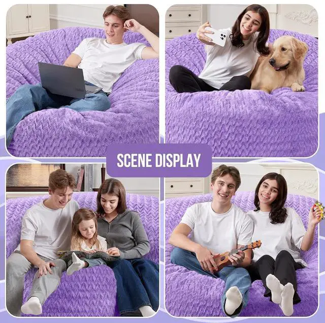 Alt view image 3 of 7 - 4FT Bean Bag Chair,Giant Bean Bag Chairs for Adults,Big Bean Bags with Memory Foam Filled, Large Beanbag Chairs with Chevron Plush Cover-Purple