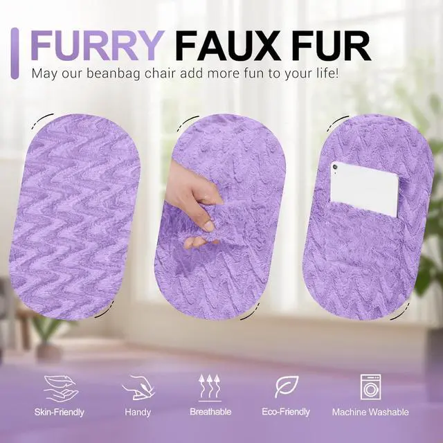 Alt view image 6 of 7 - 4FT Bean Bag Chair,Giant Bean Bag Chairs for Adults,Big Bean Bags with Memory Foam Filled, Large Beanbag Chairs with Chevron Plush Cover-Purple