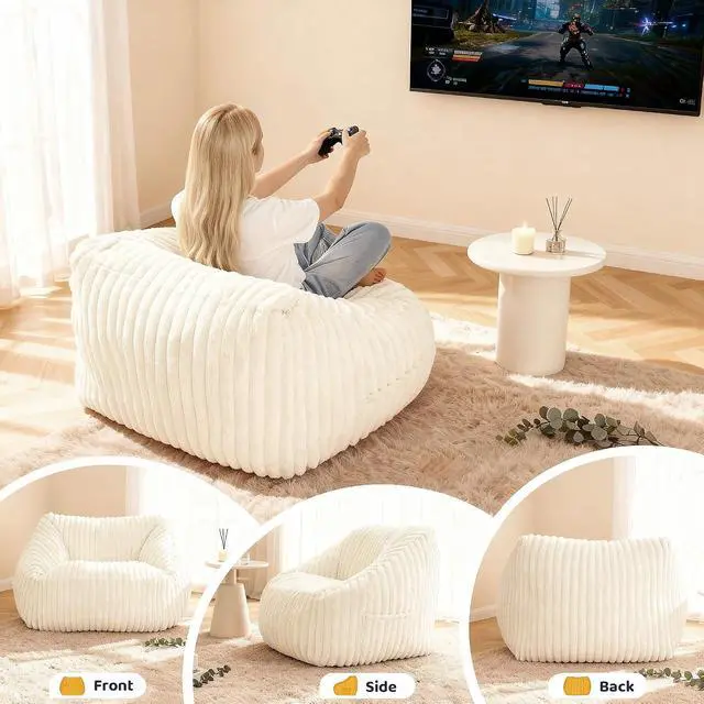 Alt view image 5 of 7 - Bean Bag Chair, Giant Bean Bag Chairs for Adults and Kids, Bean Bag Sofa, Lazy Floor Sofa, Faux Fur Beanbag Chair with Armrests for Living Room Bedroom (Beige)
