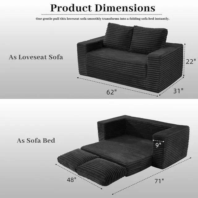 Alt view image 2 of 7 - 62" Small Boneless Couch,3-in-1 Convertible Folding Sofa Bed, Corduroy Loveseat Sofa Bed w/2 Pillows for Living Room/Guest Room No Assembly Required, Black