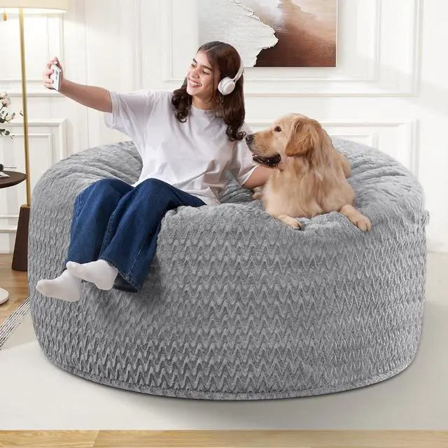 Alt view image 4 of 7 - 3FT Bean Bag Chair,Giant Bean Bag Chairs for Adults,Big Bean Bags with Memory Foam Filled, Large Beanbag Chairs with Chevron Plush Cover-Grey