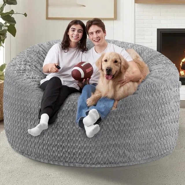 Alt view image 6 of 7 - 5FT Bean Bag Chair,Giant Bean Bag Chairs for Adults,Big Bean Bags with Memory Foam Filled, Large Beanbag Chairs with Chevron Plush Cover-Grey
