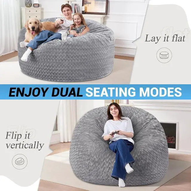 Alt view image 3 of 7 - 5FT Bean Bag Chair,Giant Bean Bag Chairs for Adults,Big Bean Bags with Memory Foam Filled, Large Beanbag Chairs with Chevron Plush Cover-Grey