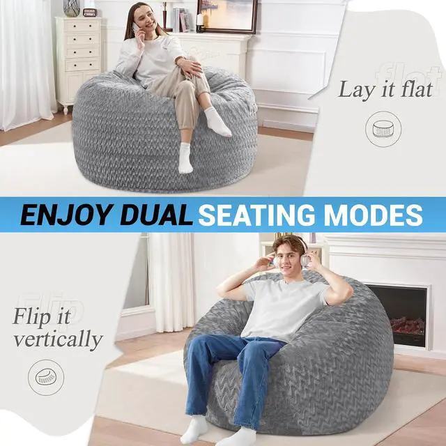 Alt view image 3 of 7 - 3FT Bean Bag Chair,Giant Bean Bag Chairs for Adults,Big Bean Bags with Memory Foam Filled, Large Beanbag Chairs with Chevron Plush Cover-Grey