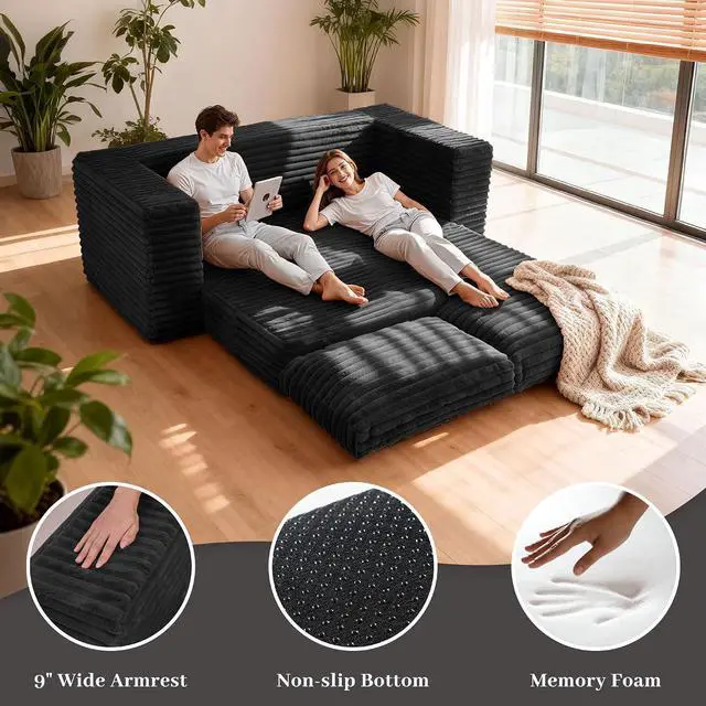 Alt view image 3 of 7 - 62" Small Boneless Couch,3-in-1 Convertible Folding Sofa Bed, Corduroy Loveseat Sofa Bed w/2 Pillows for Living Room/Guest Room No Assembly Required, Black