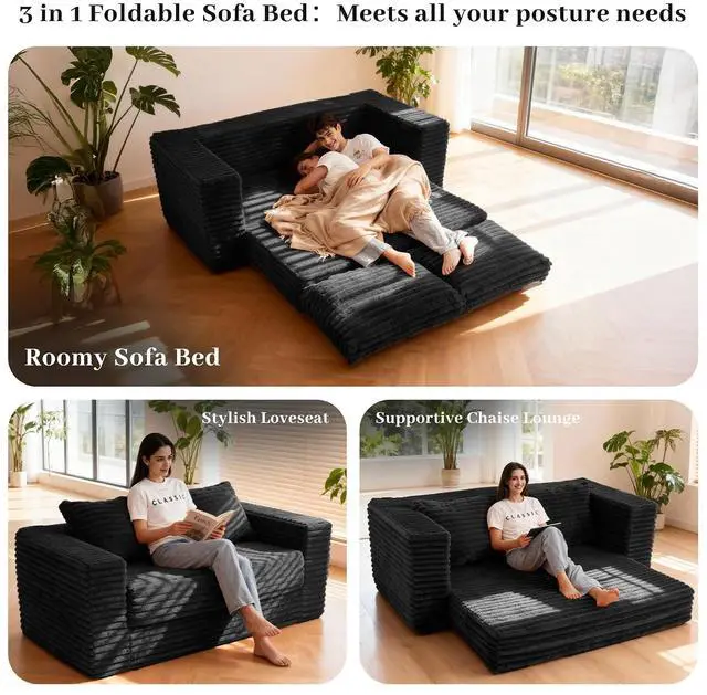 Alt view image 4 of 7 - 62" Small Boneless Couch,3-in-1 Convertible Folding Sofa Bed, Corduroy Loveseat Sofa Bed w/2 Pillows for Living Room/Guest Room No Assembly Required, Black