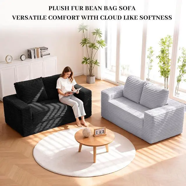 Alt view image 5 of 7 - 62" Small Boneless Couch,3-in-1 Convertible Folding Sofa Bed, Corduroy Loveseat Sofa Bed w/2 Pillows for Living Room/Guest Room No Assembly Required, Black