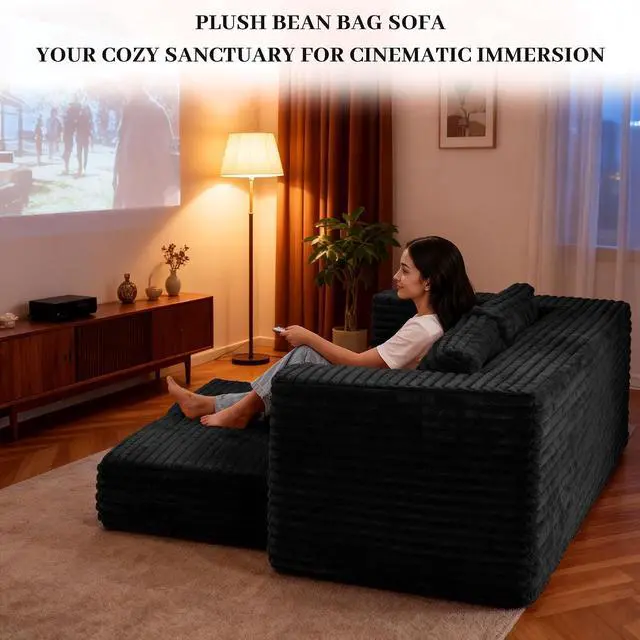 Alt view image 7 of 7 - 62" Small Boneless Couch,3-in-1 Convertible Folding Sofa Bed, Corduroy Loveseat Sofa Bed w/2 Pillows for Living Room/Guest Room No Assembly Required, Black