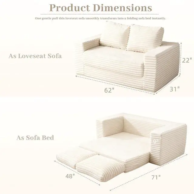 Alt view image 2 of 7 - 62" Small Boneless Couch,3-in-1 Convertible Folding Sofa Bed, Corduroy Loveseat Sofa Bed w/2 Pillows for Living Room/Guest Room No Assembly Required, Beige
