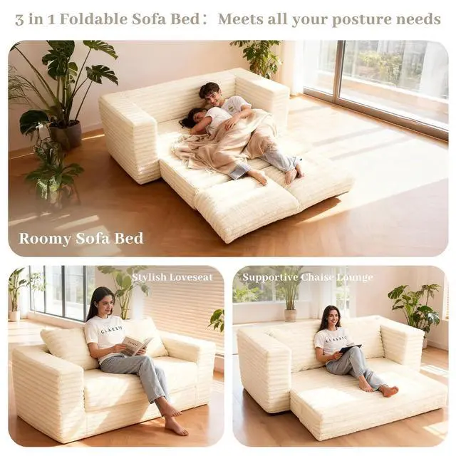 Alt view image 4 of 7 - 62" Small Boneless Couch,3-in-1 Convertible Folding Sofa Bed, Corduroy Loveseat Sofa Bed w/2 Pillows for Living Room/Guest Room No Assembly Required, Beige