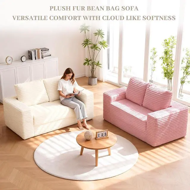 Alt view image 5 of 7 - 62" Small Boneless Couch,3-in-1 Convertible Folding Sofa Bed, Corduroy Loveseat Sofa Bed w/2 Pillows for Living Room/Guest Room No Assembly Required, Beige