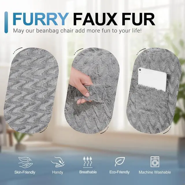 Alt view image 7 of 7 - 3FT Bean Bag Chair,Giant Bean Bag Chairs for Adults,Big Bean Bags with Memory Foam Filled, Large Beanbag Chairs with Chevron Plush Cover-Grey