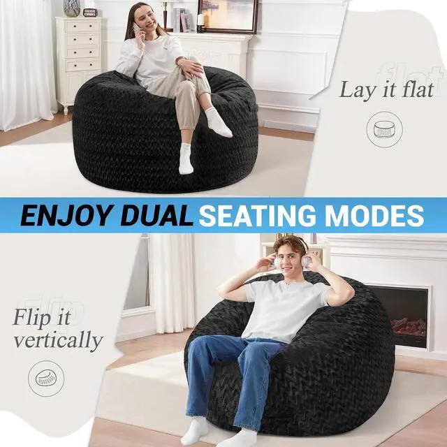 Alt view image 4 of 7 - 3FT Bean Bag Chair,Giant Bean Bag Chairs for Adults,Big Bean Bags with Memory Foam Filled, Large Beanbag Chairs with Chevron Plush Cover-Black