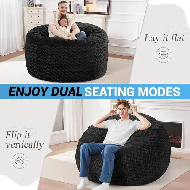 Alt view image 3 of 7 - 4FT Bean Bag Chair,Giant Bean Bag Chairs for Adults,Big Bean Bags with Memory Foam Filled, Large Beanbag Chairs with Chevron Plush Cover-Black
