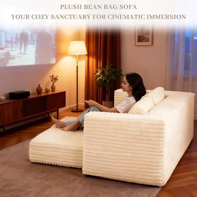 Alt view image 7 of 7 - 62" Small Boneless Couch,3-in-1 Convertible Folding Sofa Bed, Corduroy Loveseat Sofa Bed w/2 Pillows for Living Room/Guest Room No Assembly Required, Beige