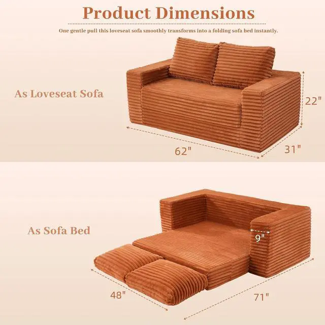 Alt view image 2 of 7 - 62" Small Boneless Couch,3-in-1 Convertible Folding Sofa Bed, Corduroy Loveseat Sofa Bed w/2 Pillows for Living Room/Guest Room No Assembly Required, Brown