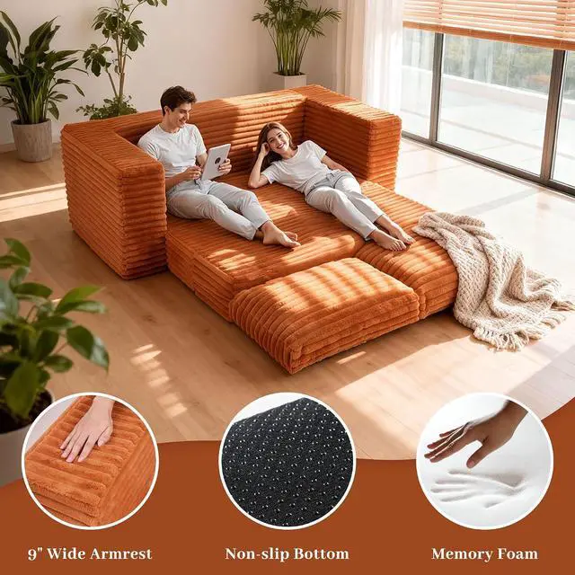 Alt view image 3 of 7 - 62" Small Boneless Couch,3-in-1 Convertible Folding Sofa Bed, Corduroy Loveseat Sofa Bed w/2 Pillows for Living Room/Guest Room No Assembly Required, Brown
