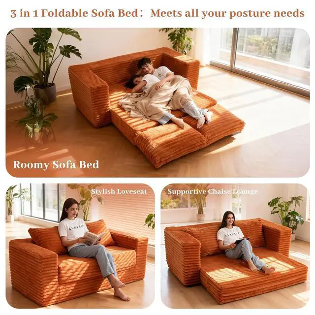 Alt view image 4 of 7 - 62" Small Boneless Couch,3-in-1 Convertible Folding Sofa Bed, Corduroy Loveseat Sofa Bed w/2 Pillows for Living Room/Guest Room No Assembly Required, Brown