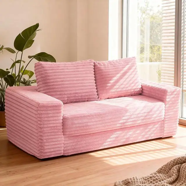Main image of 62" Small Boneless Couch,3-in-1 Convertible Folding Sofa Bed, Corduroy Loveseat Sofa Bed w/2 Pillows for Living Room/Guest Room No Assembly Required, Light Pink
