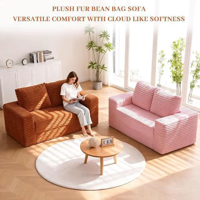 Alt view image 5 of 7 - 62" Small Boneless Couch,3-in-1 Convertible Folding Sofa Bed, Corduroy Loveseat Sofa Bed w/2 Pillows for Living Room/Guest Room No Assembly Required, Brown
