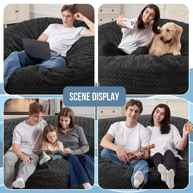 Alt view image 6 of 7 - 5FT Bean Bag Chair,Giant Bean Bag Chairs for Adults,Big Bean Bags with Memory Foam Filled, Large Beanbag Chairs with Chevron Plush Cover-Black