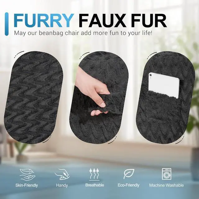 Alt view image 7 of 7 - 5FT Bean Bag Chair,Giant Bean Bag Chairs for Adults,Big Bean Bags with Memory Foam Filled, Large Beanbag Chairs with Chevron Plush Cover-Black