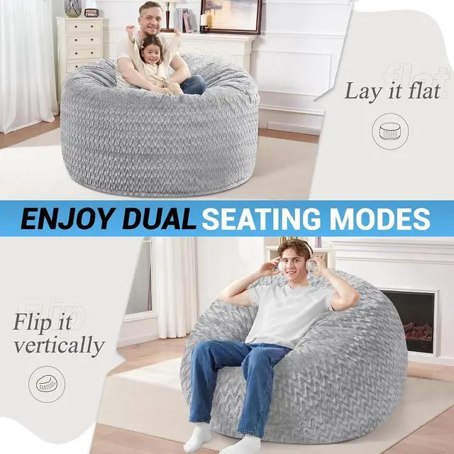 Alt view image 2 of 7 - 4FT Bean Bag Chair,Giant Bean Bag Chairs for Adults,Big Bean Bags with Memory Foam Filled, Large Beanbag Chairs with Chevron Plush Cover-Light Grey
