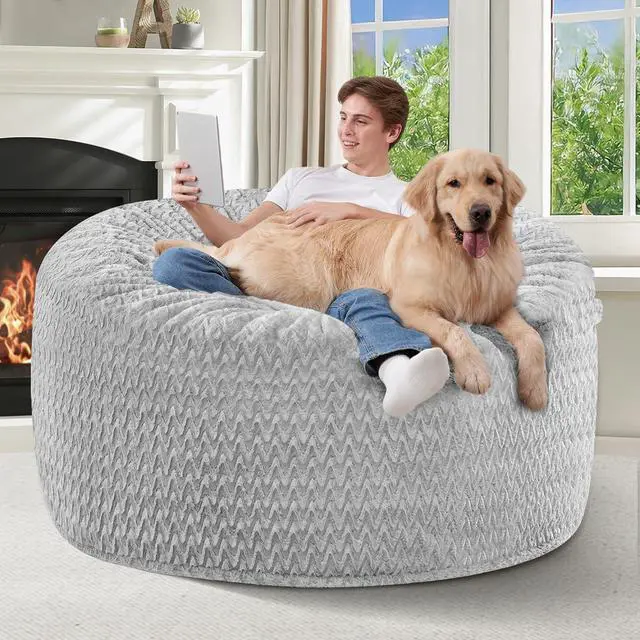 Alt view image 4 of 7 - 4FT Bean Bag Chair,Giant Bean Bag Chairs for Adults,Big Bean Bags with Memory Foam Filled, Large Beanbag Chairs with Chevron Plush Cover-Light Grey