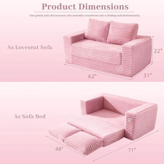 Alt view image 2 of 7 - 62" Small Boneless Couch,3-in-1 Convertible Folding Sofa Bed, Corduroy Loveseat Sofa Bed w/2 Pillows for Living Room/Guest Room No Assembly Required, Light Pink